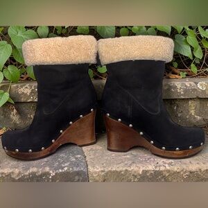 UGG Black Suede Wedge Ankle Boots with Shearling Lining